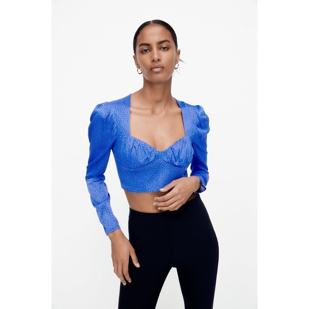 NWT ZARA Blue Black Polka Dot Puff Long Sleeve Sweetheart Crop Top Size Medium